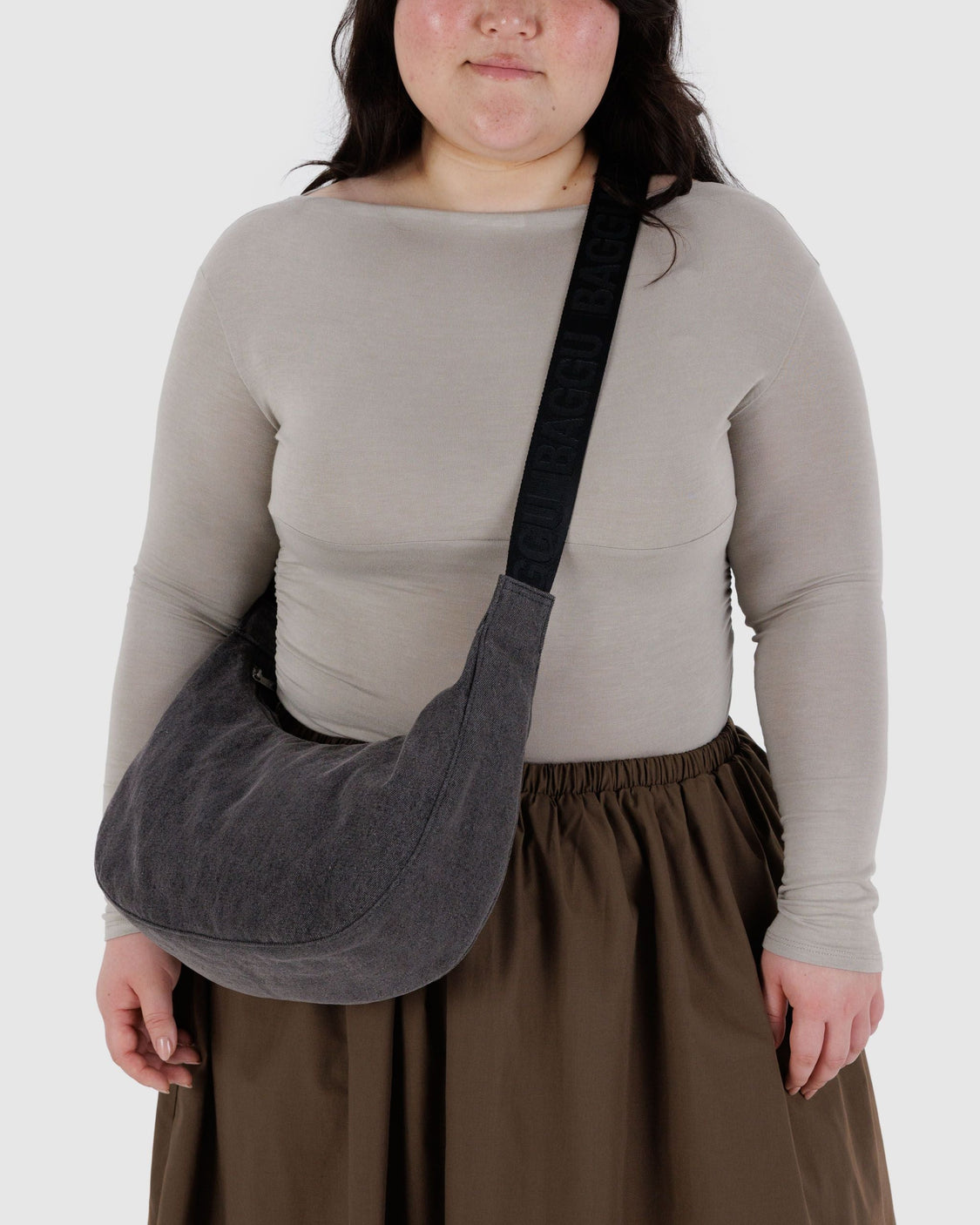 Medium Denim Crescent Bag - Washed Black Denim - Classic Street Carry